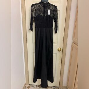 YAS Women's Black Long Gown Dress Maxi Formal Lace Top Button Front Size S NWT